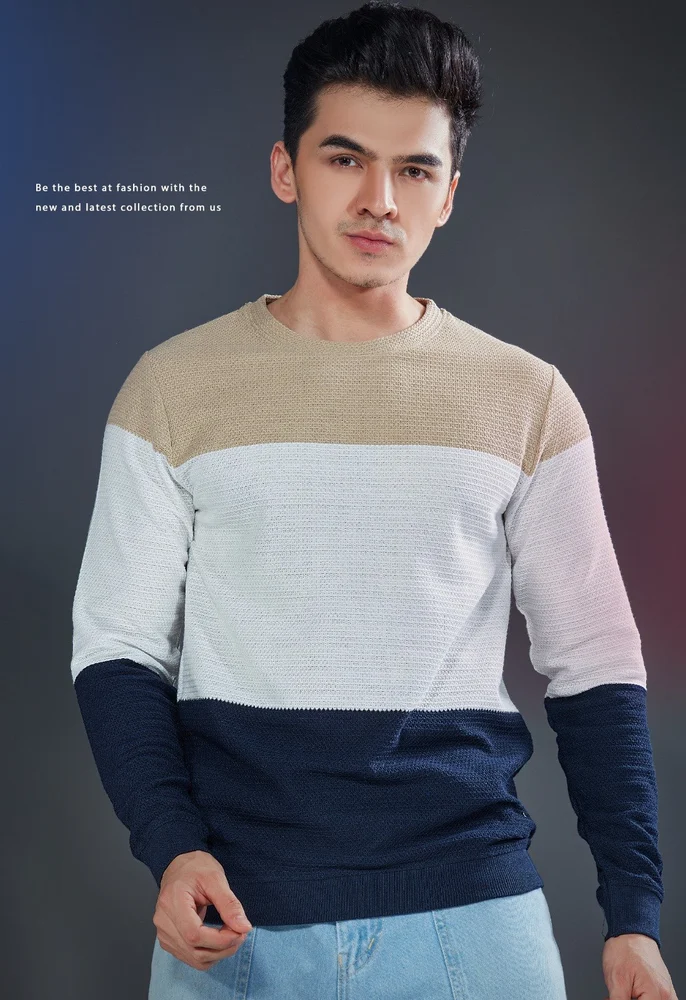 Gold gray and navy blue Full Sleeves Mod Zone Stripes Mens Tshirts